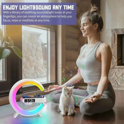 Digital LED Wireless Charger Speaker – 15W Fast Charging Bluetooth Speaker with Ambient Lights